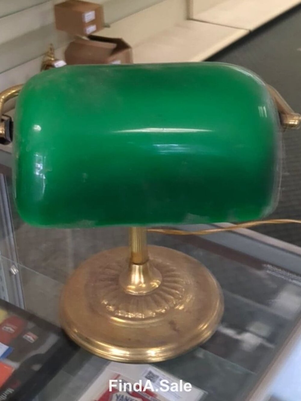 Banker's lamp with green glass shade and brass base